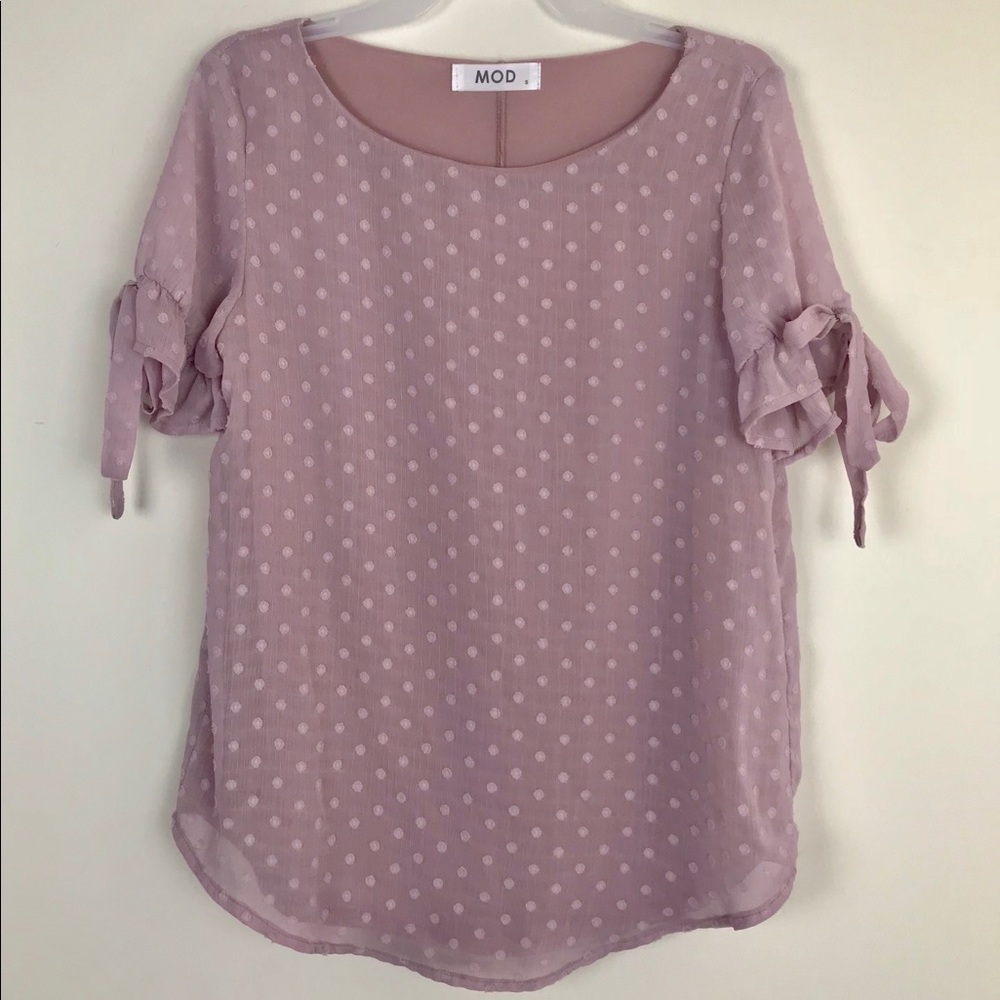 MOD On Trend Mauve Polka Dot Top with Sleeve Ties